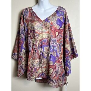 Chaps Floral V Neck Tie Waist Kimono Sleeve Sheer Top XL Boho Resort Cruise